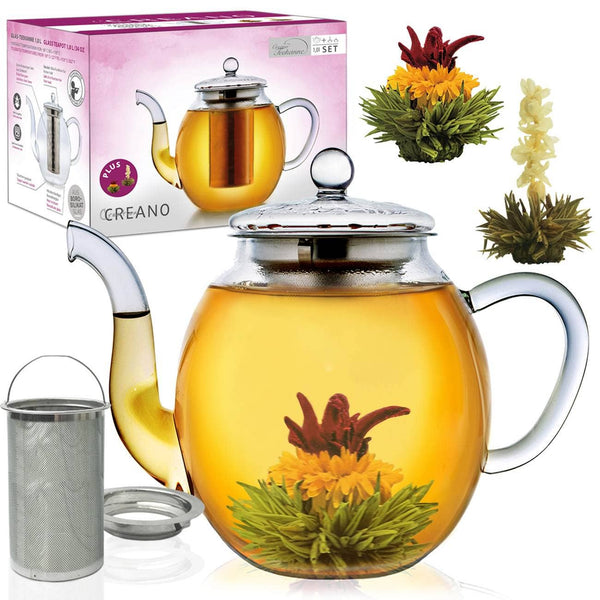 Creano glass teapot 1.0l with two Erblühtee tea flowers