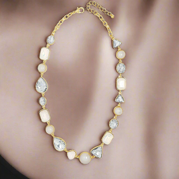 Gold Opal Rectangular And White Pearl Necklace by Absolute Jewellery