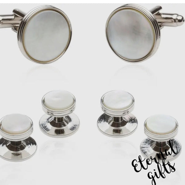 Classic Tuxedo Cufflinks Studs with Mother of Pearl Silver By Cuff Daddy