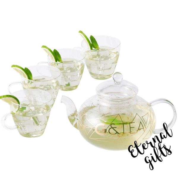 Premium Glass Gin Teapot with Removable Infuser TeaCup Set by Oak & Steel.