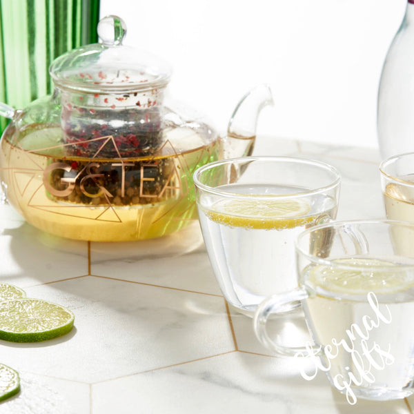 Premium Glass Gin Teapot with Removable Infuser TeaCup Set by Oak & Steel.