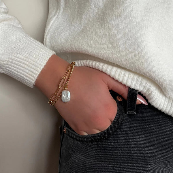 Double Layer Freshwater Pearl Gold Bracelet by Absolute Jewellery