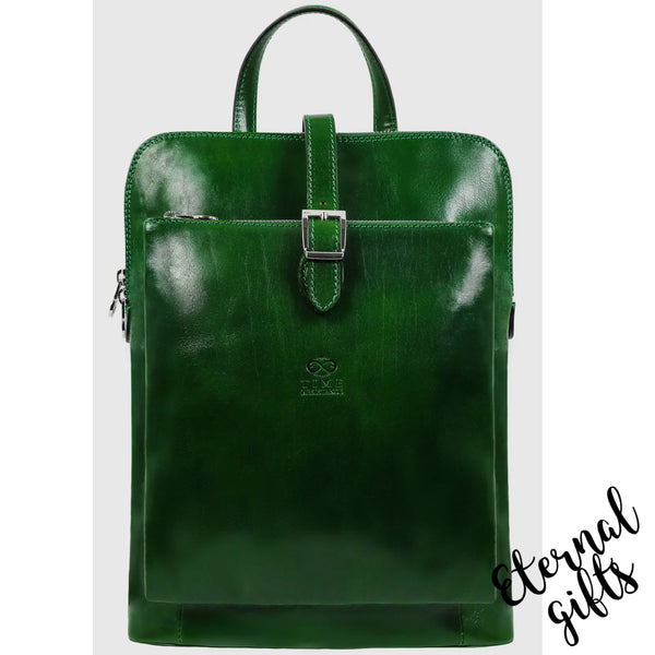 Emma Women's Leather Backpack, Convertible Bag in Green -Time Resistance