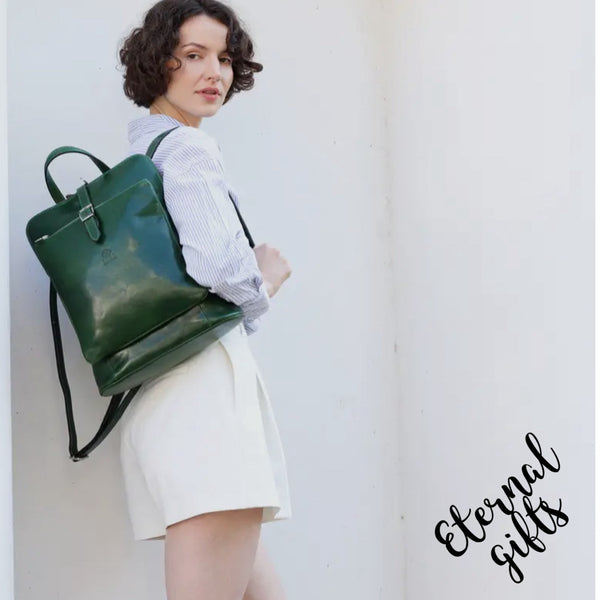 Emma Women's Leather Backpack, Convertible Bag in Green -Time Resistance