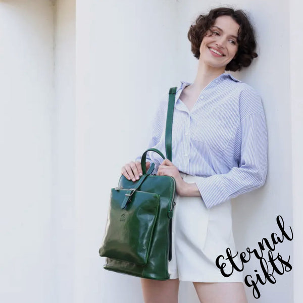 Emma Women's Leather Backpack, Convertible Bag in Green -Time Resistance