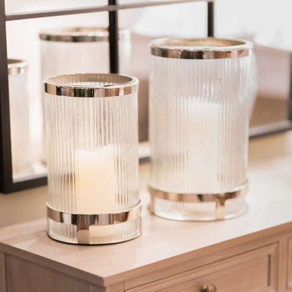 The Veda Hurricane Candle Holder in Chrome 30cm Large