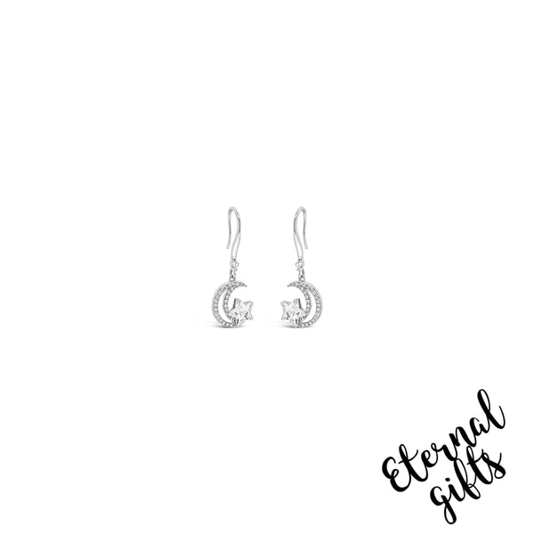 Drop Moon & Star Earrings in Silver by Jewel Absolute Jewellery