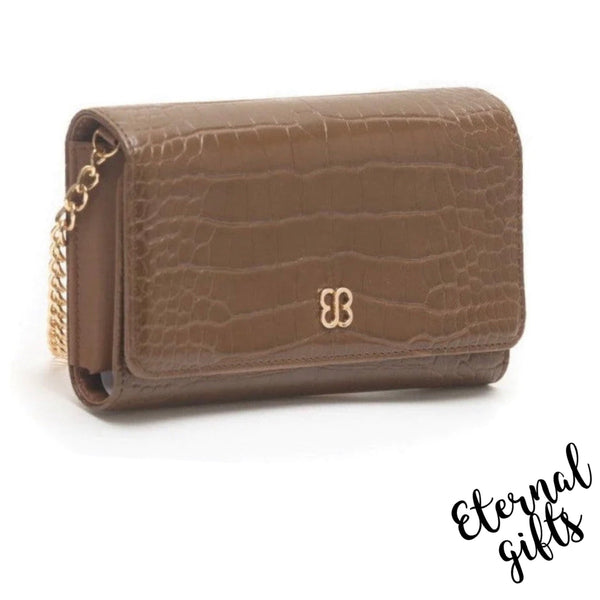 Pocket Book Purse Handbag in Chocolate Brown with Gold Chain