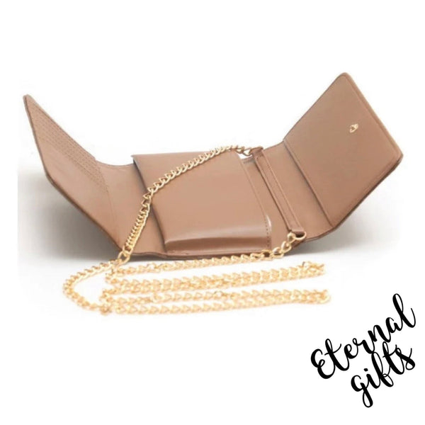 Pocket Book Purse Handbag in Chocolate Brown with Gold Chain