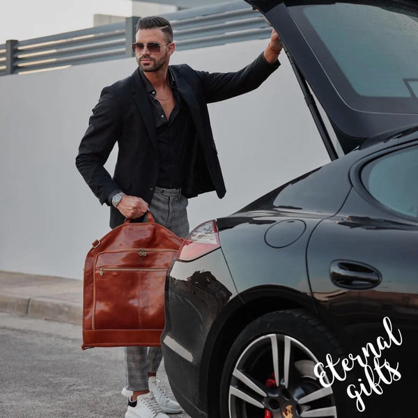 Italian Leather Suit/ Garment Carrier in Cognac