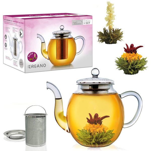 Creano glass teapot 1.0l with two Erblühtee tea flowers