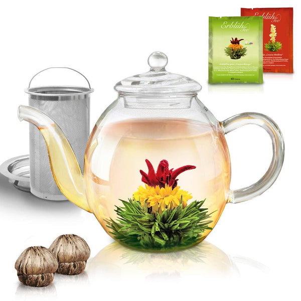 Creano glass teapot 1.0l with two Erblühtee tea flowers