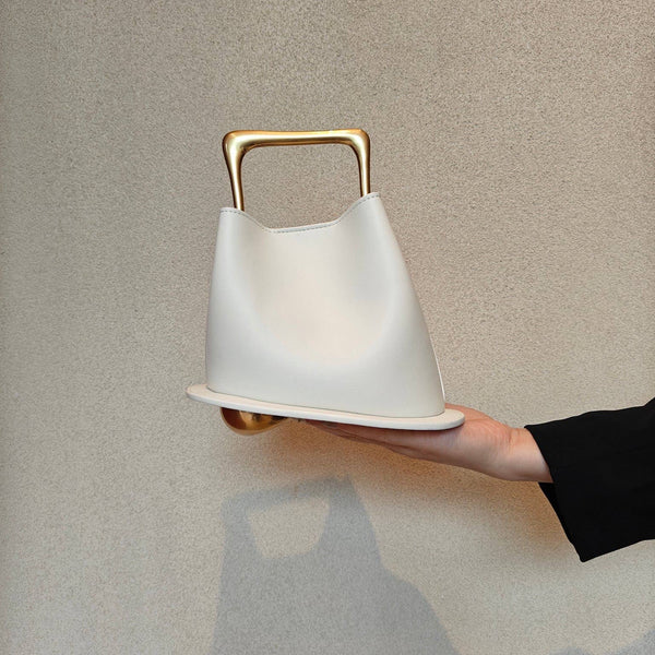 Geometric Artistic Design Metal Handle Leather Bag in Black or White by Sook Stainable