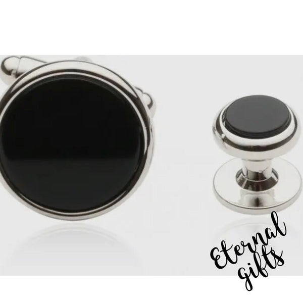 Men's Tuxedo Cufflinks and Studs - Black Onyx with Silver By Cuff Daddy