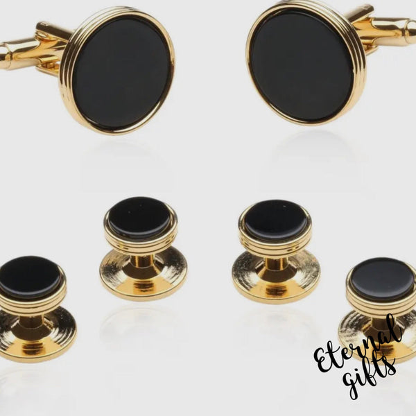 Onyx and Gold Wedding Set Cuff Links Studs By Cuff Daddy