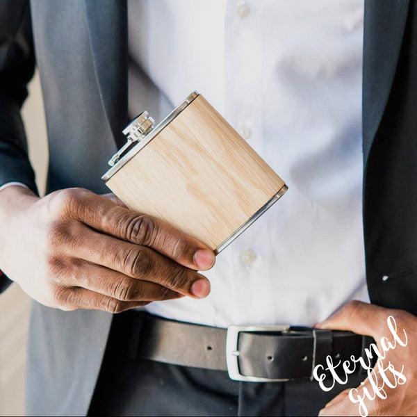 Oak wood Wrapped Stainless Steel Hip Flask