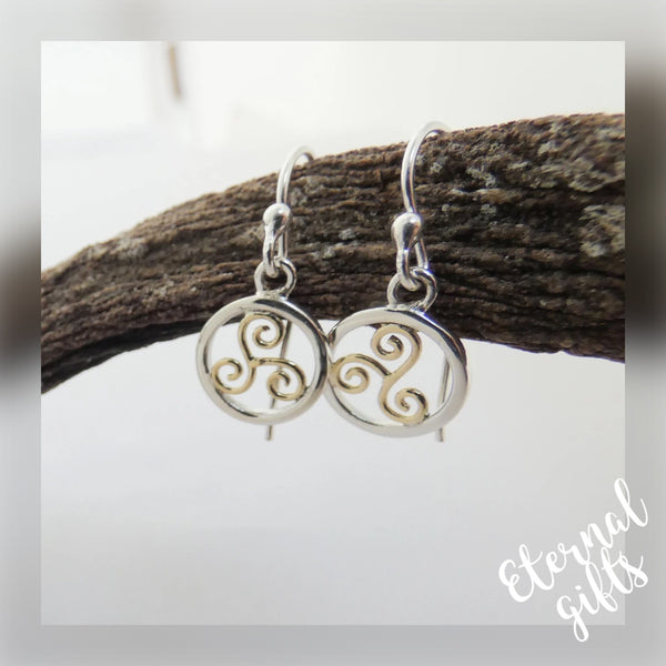 Spiral Triskellion Earrings, Sterling Silver Earrings with Brass Spiral Detail by Banshee Silver