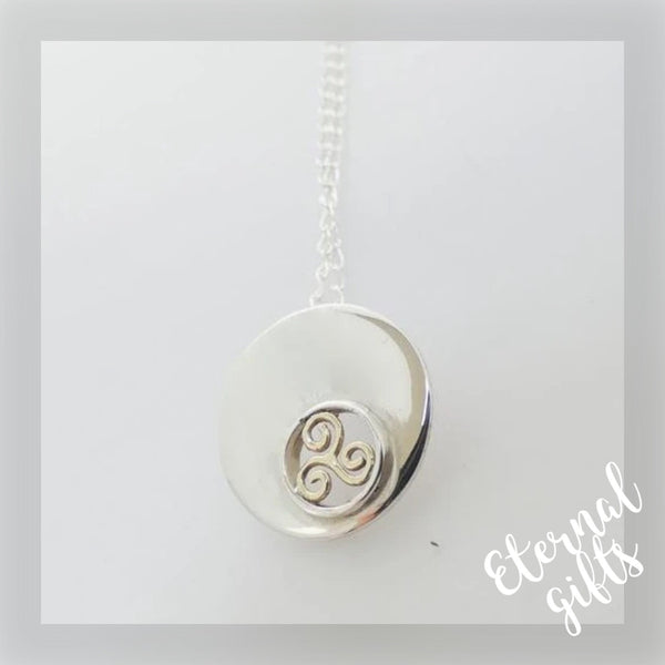 Spiral Triskellion Pendant, Sterling Silver Pendant with Brass Spiral Details by Banshee Silver