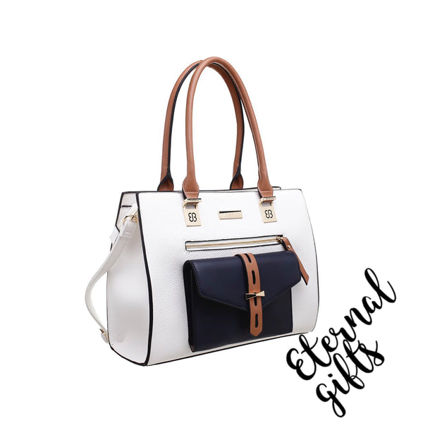 Classic Three tone Front Pocket Tote Bag In White