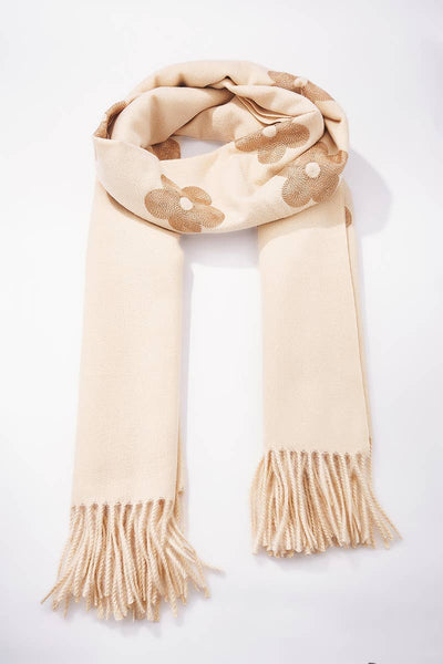 Dressy Wool scarf with floral pattern on Creams and Taupe