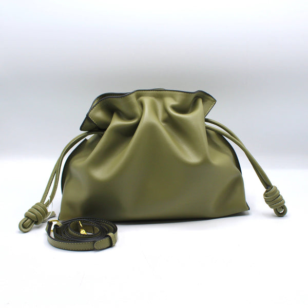 Genuine Leather Drawstring Pouch Shoulder Bag in Sage Green by Sustainable Brand Sook Stainable
