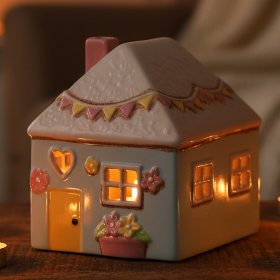 Blue ceramic tea light candle holder house Country 13,5 cm I