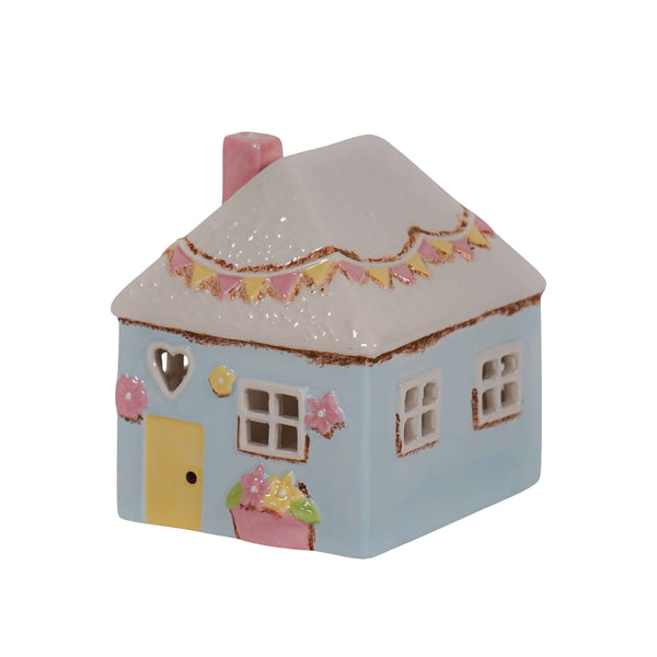 Blue ceramic tea light candle holder house Country 13,5 cm I