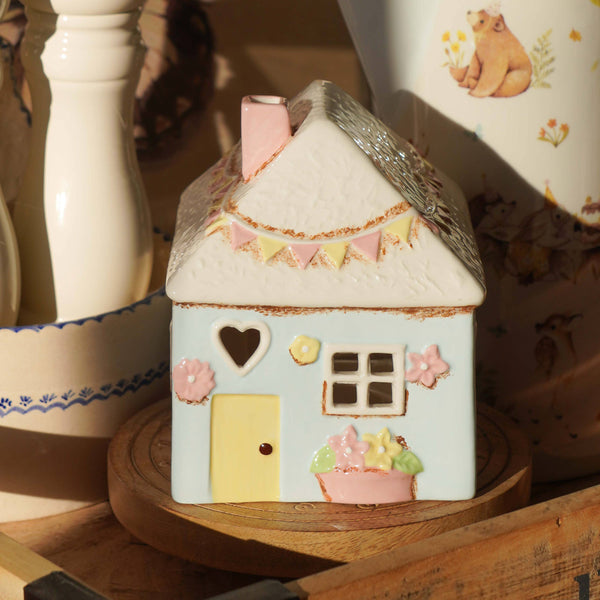 Blue ceramic tea light candle holder house Country 13,5 cm I