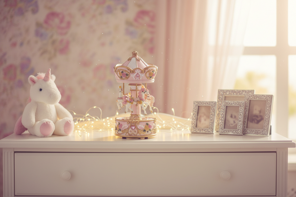 Music box - intricately decorated pink beige carousel