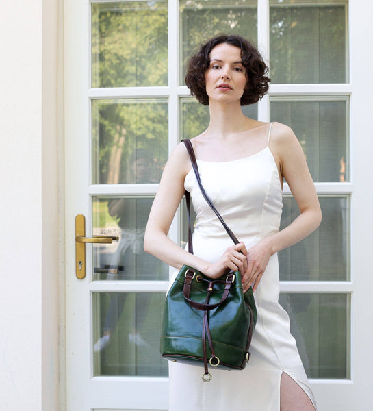Leather Bucket Bag in Green-Light in August by Time Resistance