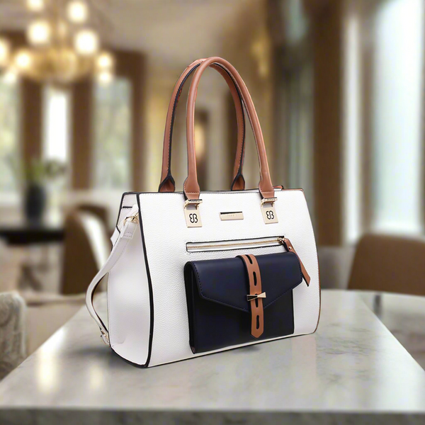 Classic Three tone Front Pocket Tote Bag In White