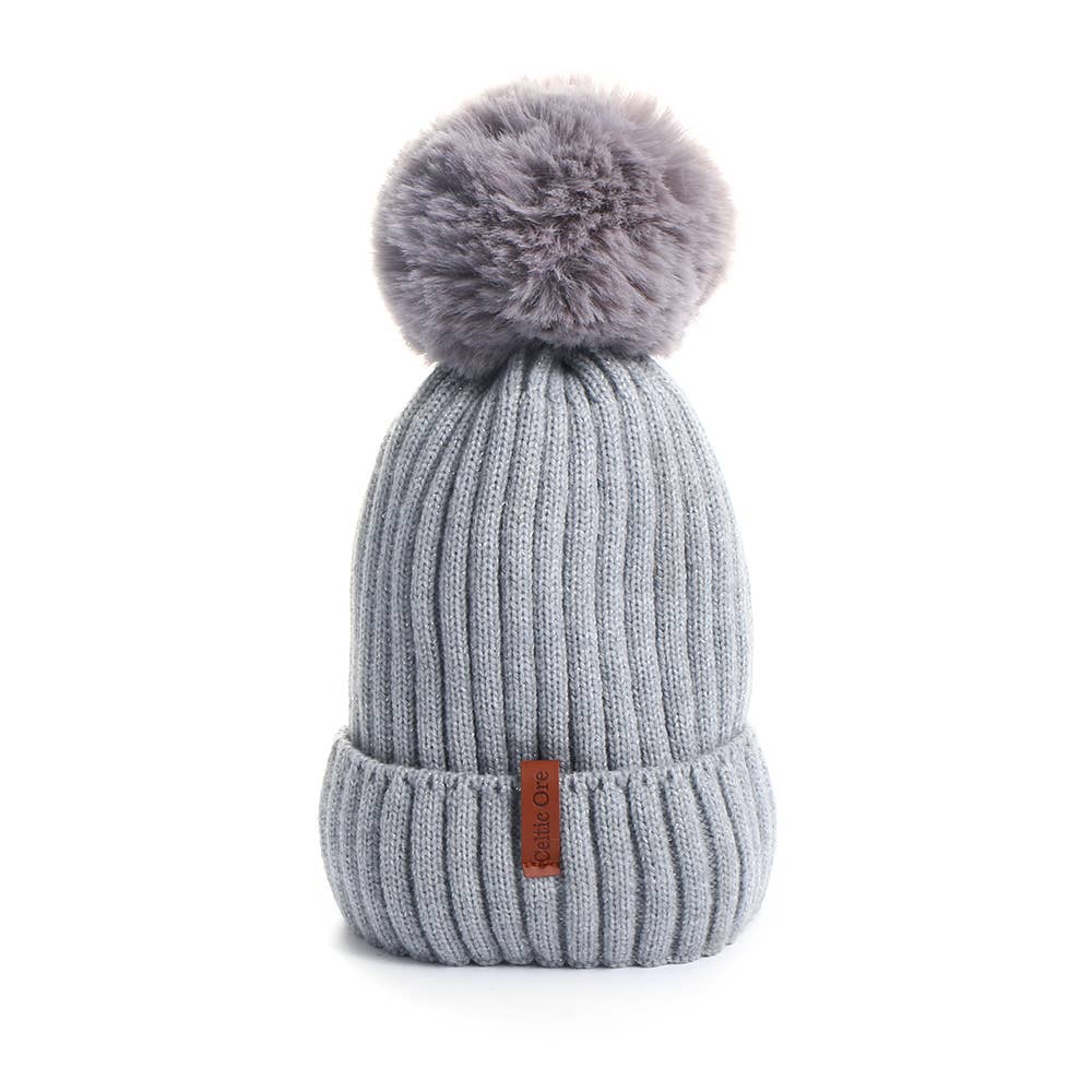 Grey Lined Woolly Hat with Large Bobble