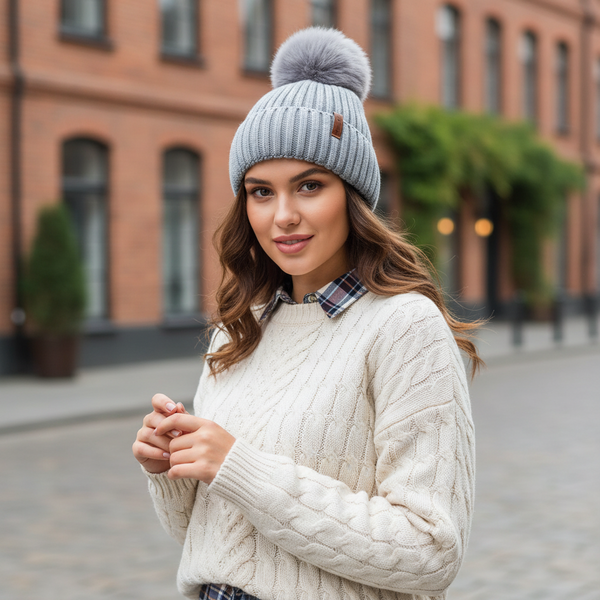 Grey Lined Woolly Hat with Large Bobble