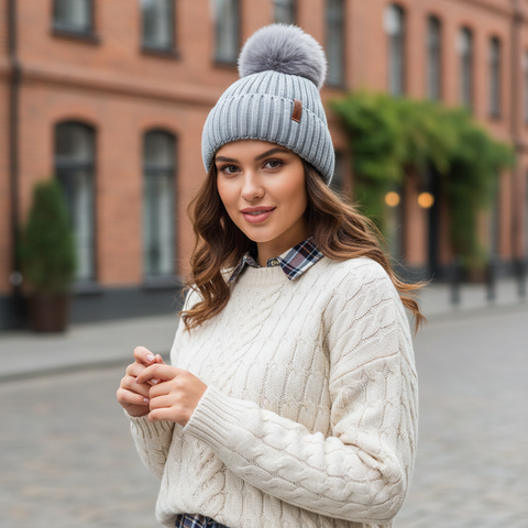 Grey Lined Woolly Hat with Large Bobble
