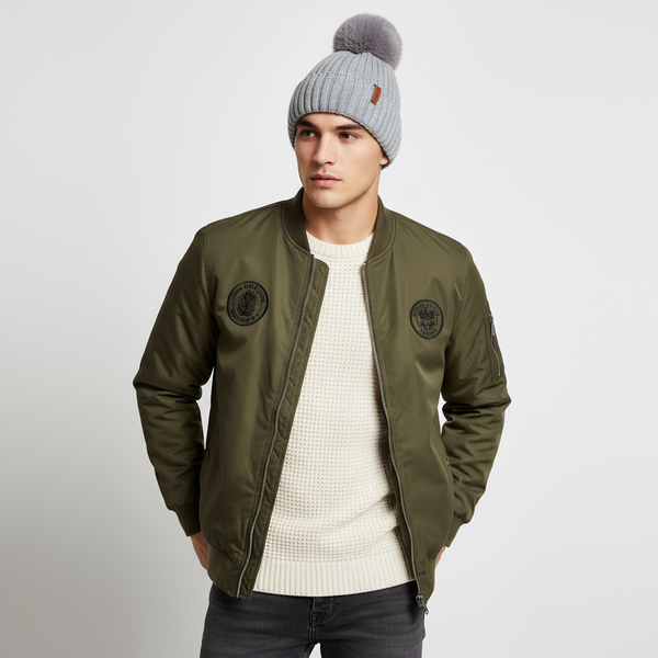 Grey Lined Woolly Hat with Large Bobble