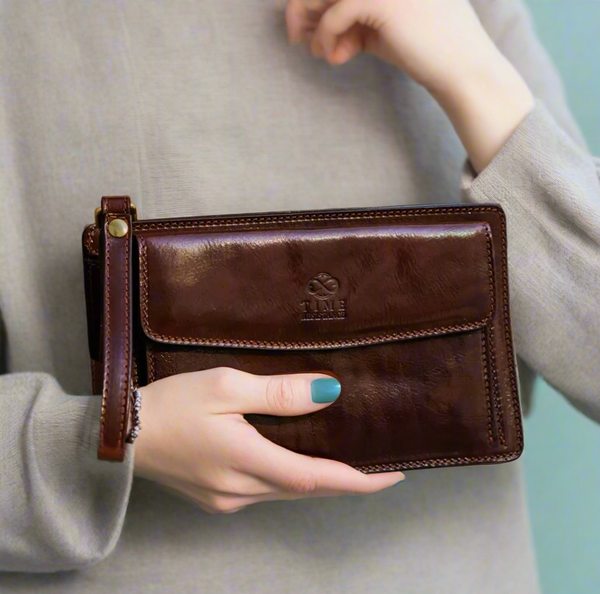 Leather Clutch Bag in Brown by Time Resistance