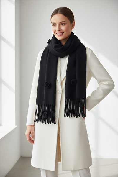 Wool scarf with embroidered flowers in Winter White, Tan & Black