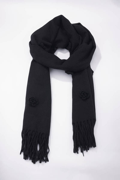 Wool scarf with embroidered flowers in Winter White, Tan & Black