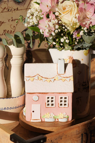 Pink ceramic tea light candle holder house Country 15,5 cm I