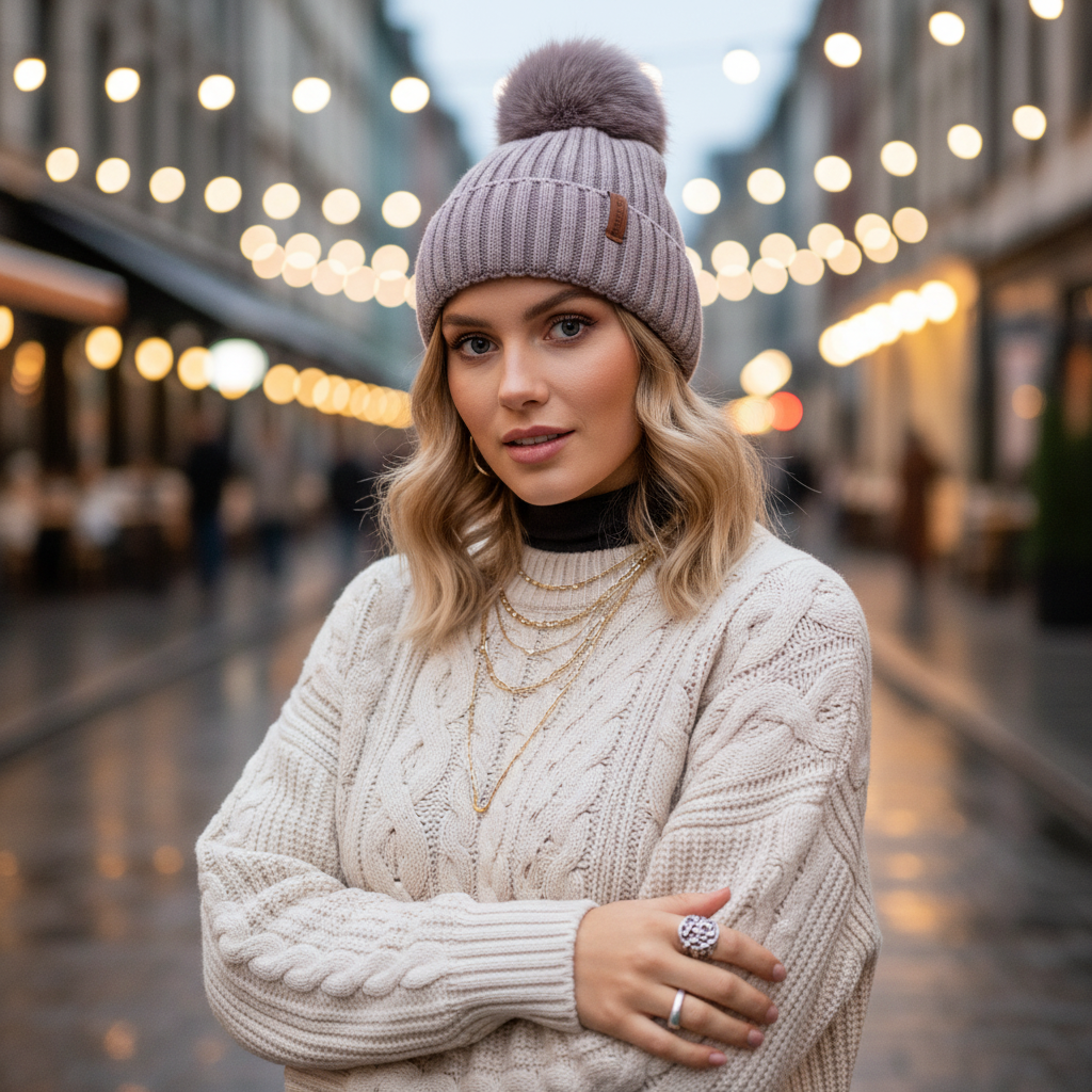 Taupe Lined Woolly Hat with Large Bobble