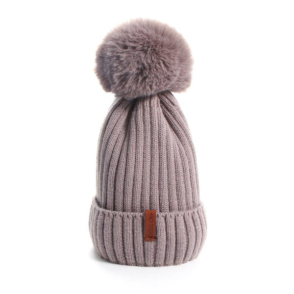 Taupe Lined Woolly Hat with Large Bobble