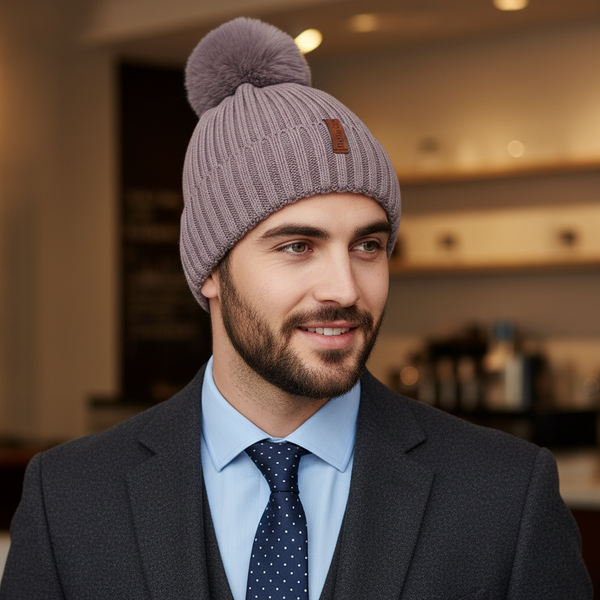 Taupe Lined Woolly Hat with Large Bobble