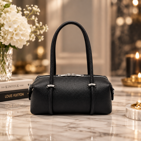 Leather Barrel Handbag with detachable shoulder strap in black By Suie Valentini