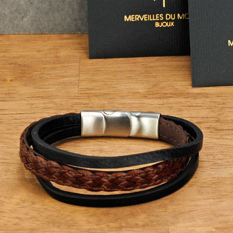 Men's Leather and Stainless Steel Bracelet