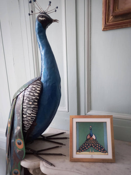 Framed Peacock (with blue ribbon and golden nail for hanging) by Odalisque Paris 20cm  20cm