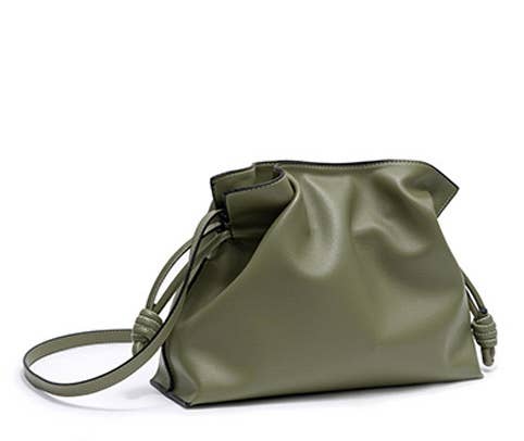 Genuine Leather Drawstring Pouch Shoulder Bag in Sage Green by Sustainable Brand Sook Stainable