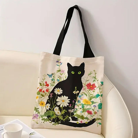 Black Cat & Floral Books Tote Bag – Reusable & Stylish