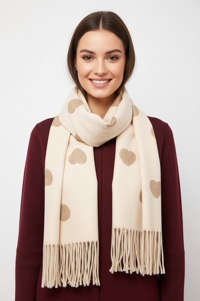 Wool scarf with heart pattern in Cream or Red