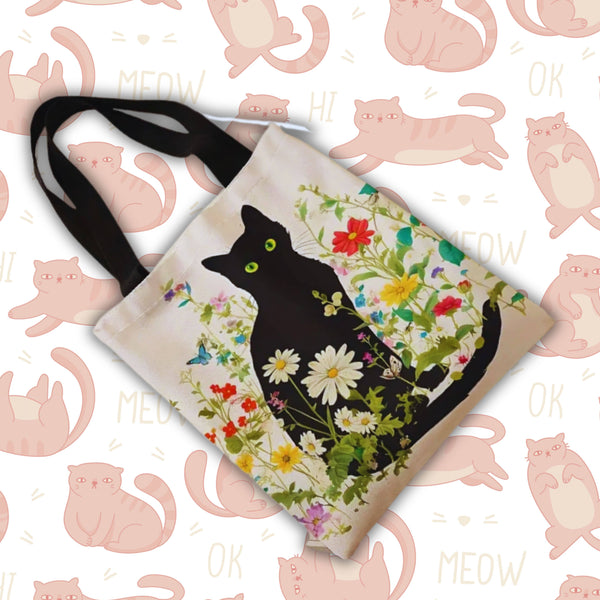 Black Cat & Floral Books Tote Bag – Reusable & Stylish