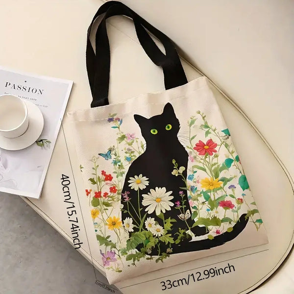 Black Cat & Floral Books Tote Bag – Reusable & Stylish